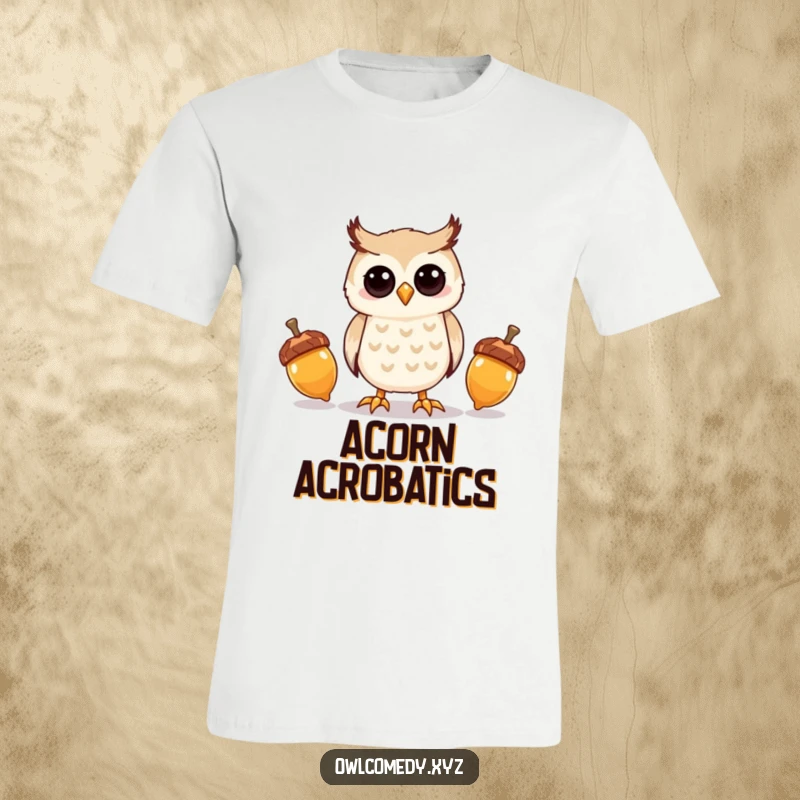 Funny kawaii owl attempting to juggle three shiny acorns, depicting a moment of playful concentration.