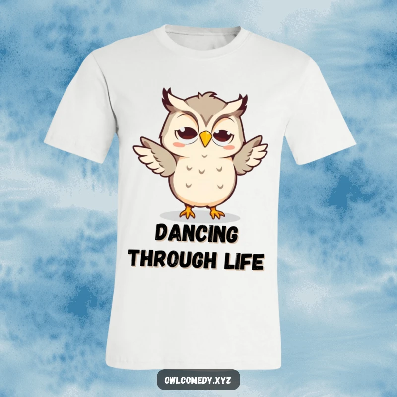 Funny Kawaii Owl T-Shirt featuring a goofy-grinning owl doing a silly dance, full of energy.