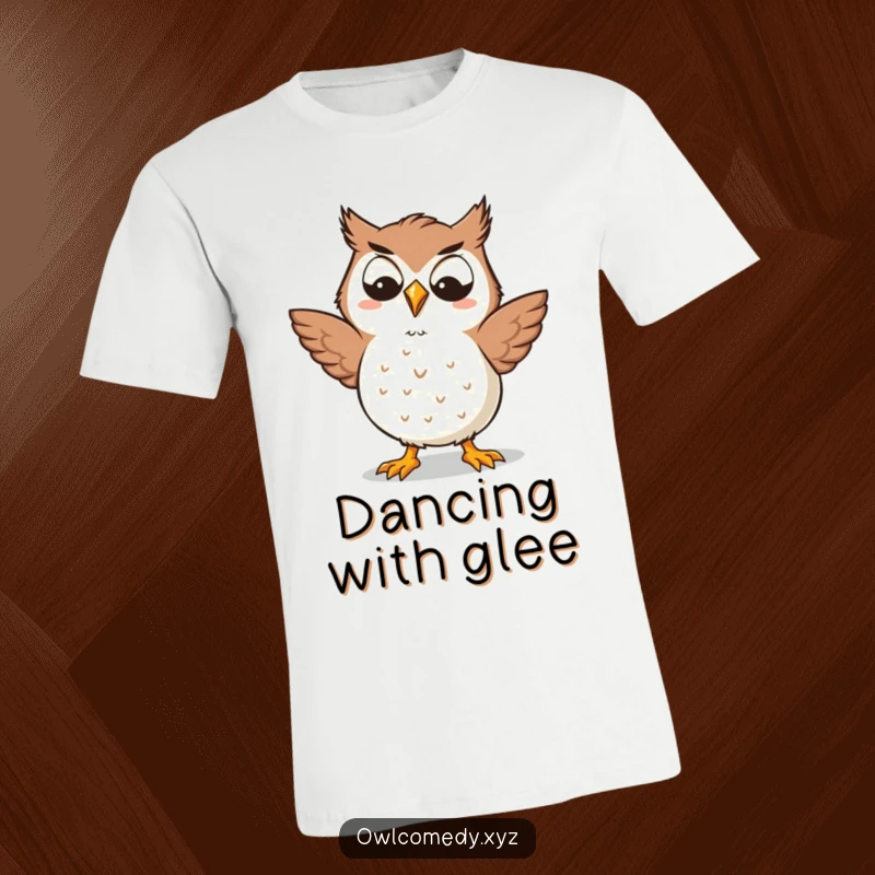 Funny Kawaii owl t-shirt with a goofy grin, doing a silly dance, perfect for spreading joy and a humorous gift.