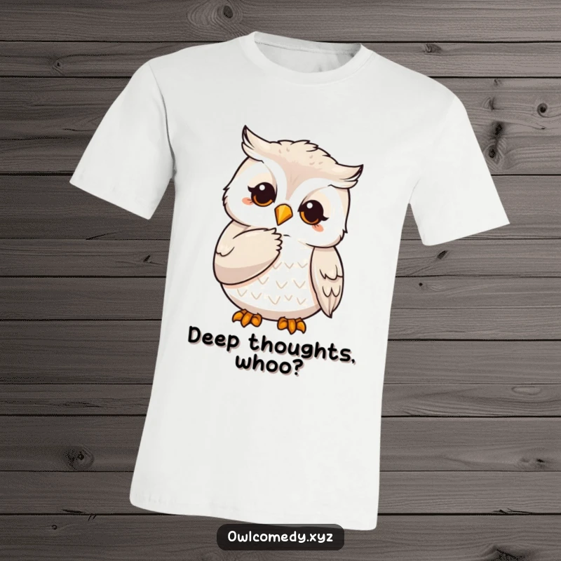 Funny t-shirt print of an owl character stroking its chin with a claw, embodying deep thought and wisdom.