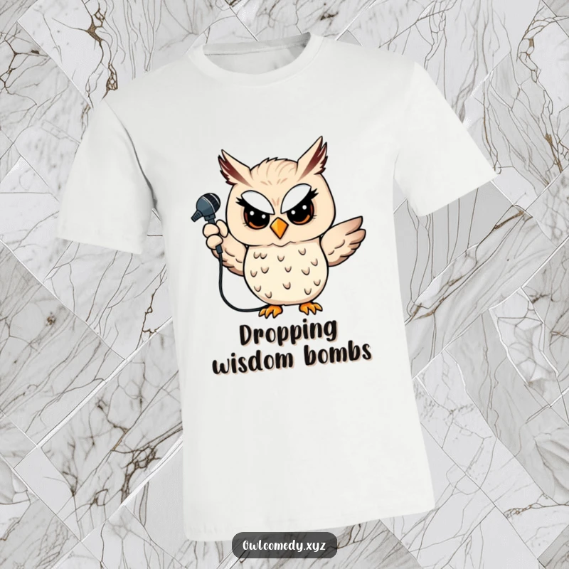 Funny owl t-shirt design of a winking owl holding a microphone, celebrating performance and humor, a fantastic funny gift.