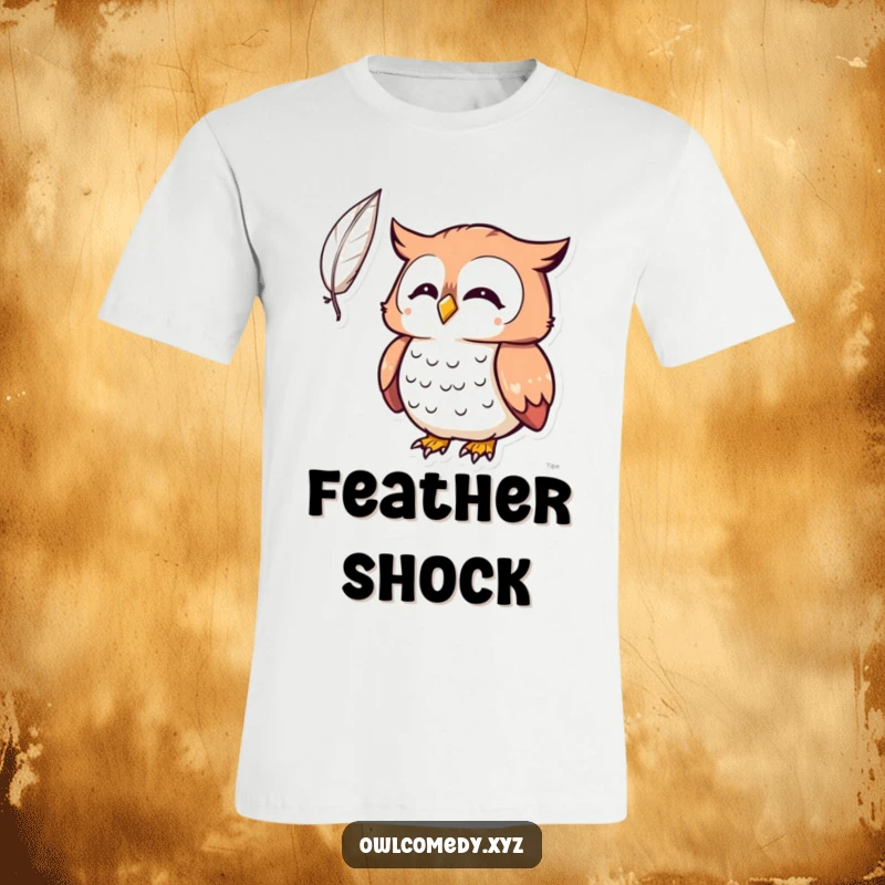 Funny Kawaii owl t-shirt, owl looking surprised by a feather, wide-eyed, curious, humorous apparel.