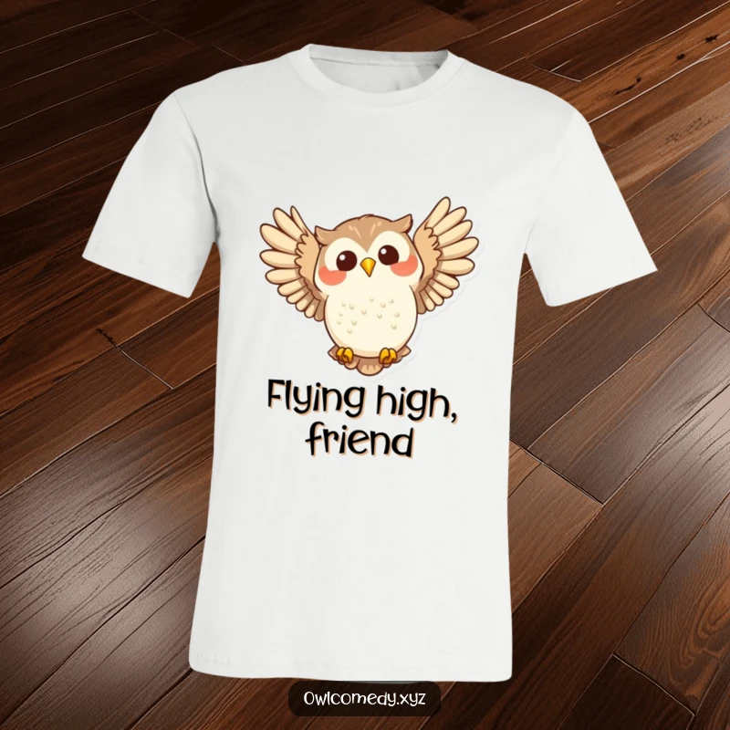 Funny joyful owl swooping with wide wings spread on a t-shirt, a symbol of freedom and happiness.