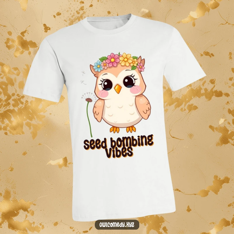 Funny t-shirt featuring a giggling owl wearing a beautiful flower crown, blowing dandelion seeds with a joyous expression.