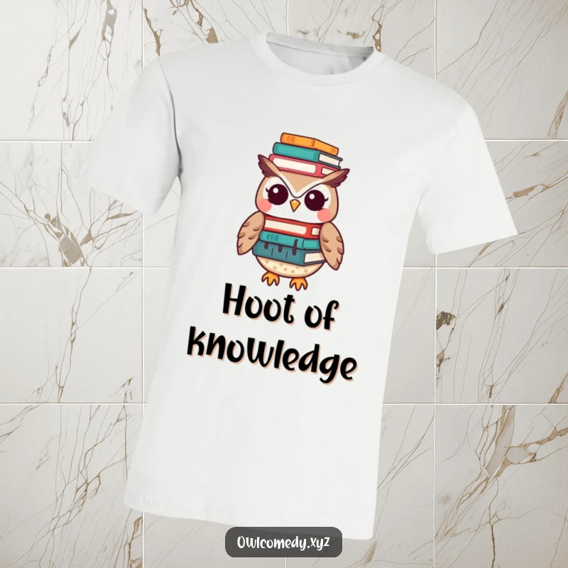 Funny Kawaii owl t-shirt featuring an incredibly cute owl balancing an impressive stack of books on its head, perfect for book enthusiasts.
