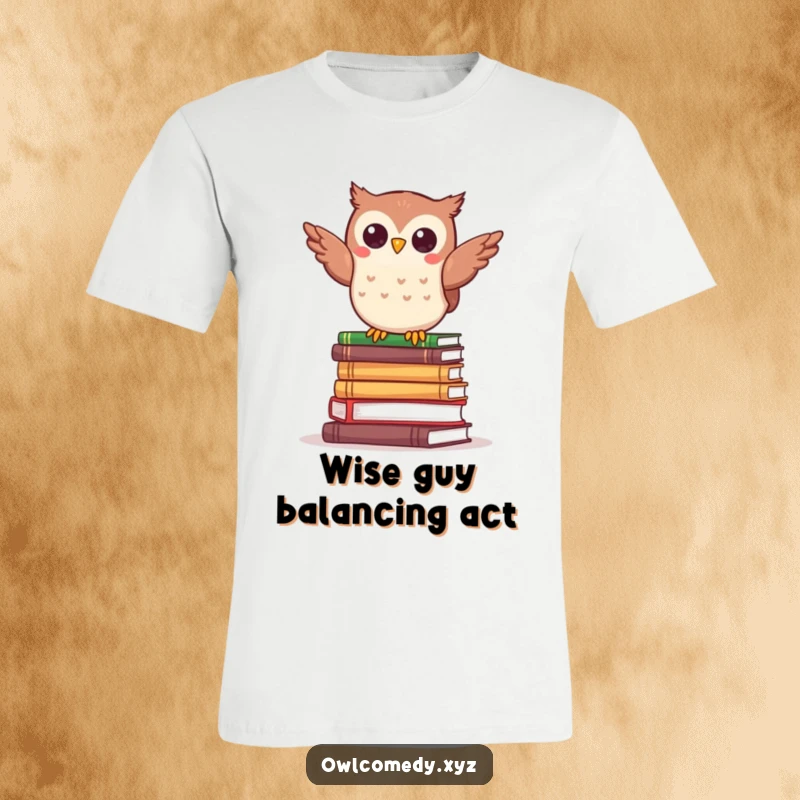 Funny kawaii owl balancing comically on a stack of small books, wearing a determined expression.