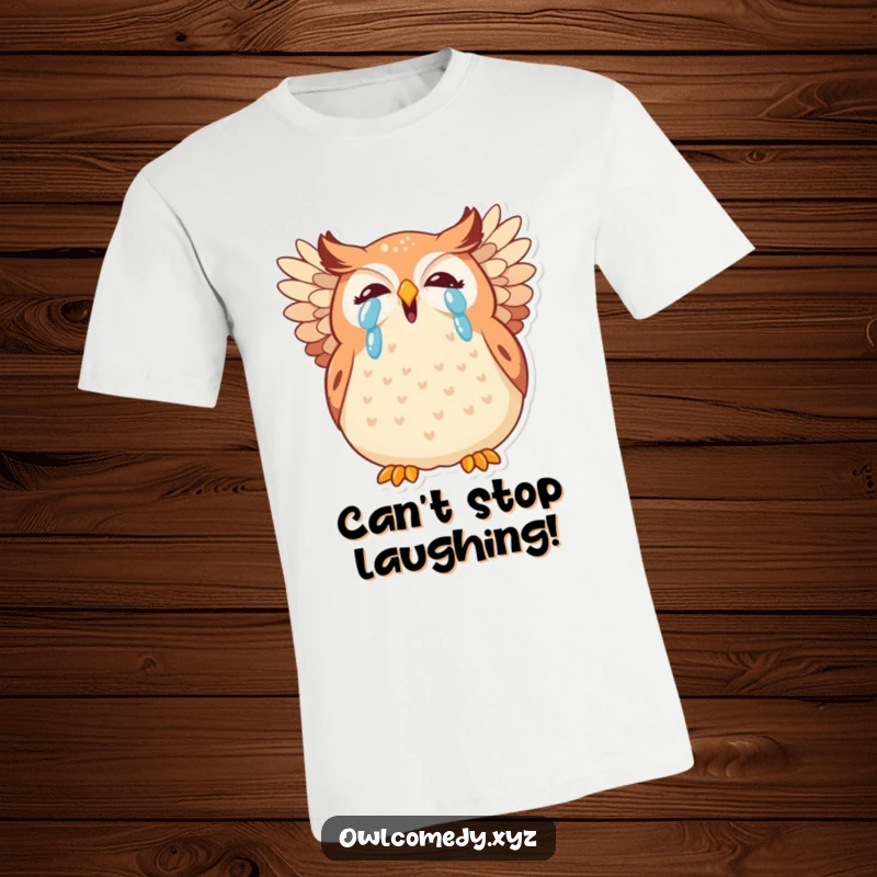 Funny kawaii owl t-shirt, a plump bird giggling uncontrollably with tears, wings spread wide in pure mirth.