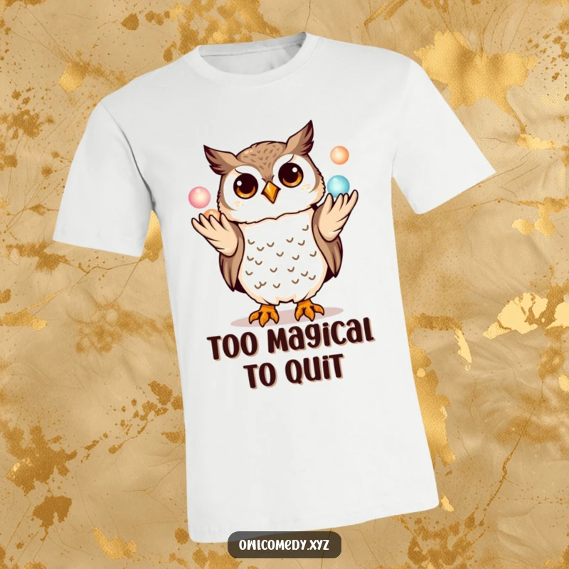 Funny kawaii owl t-shirt, playfully juggling three miniature glowing orbs with its talons, a whimsical and humorous graphic tee.