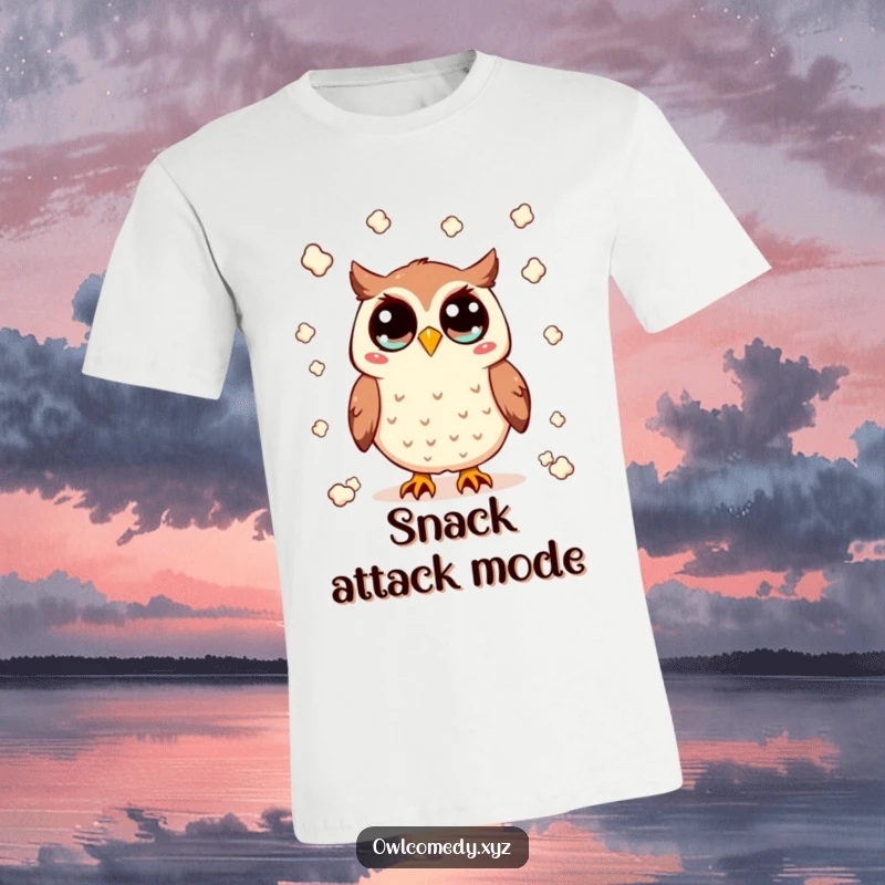 Funny Kawaii owl t-shirt with wide eyes, joyfully tossing popcorn in the air, perfect for snack lovers and a humorous gift.
