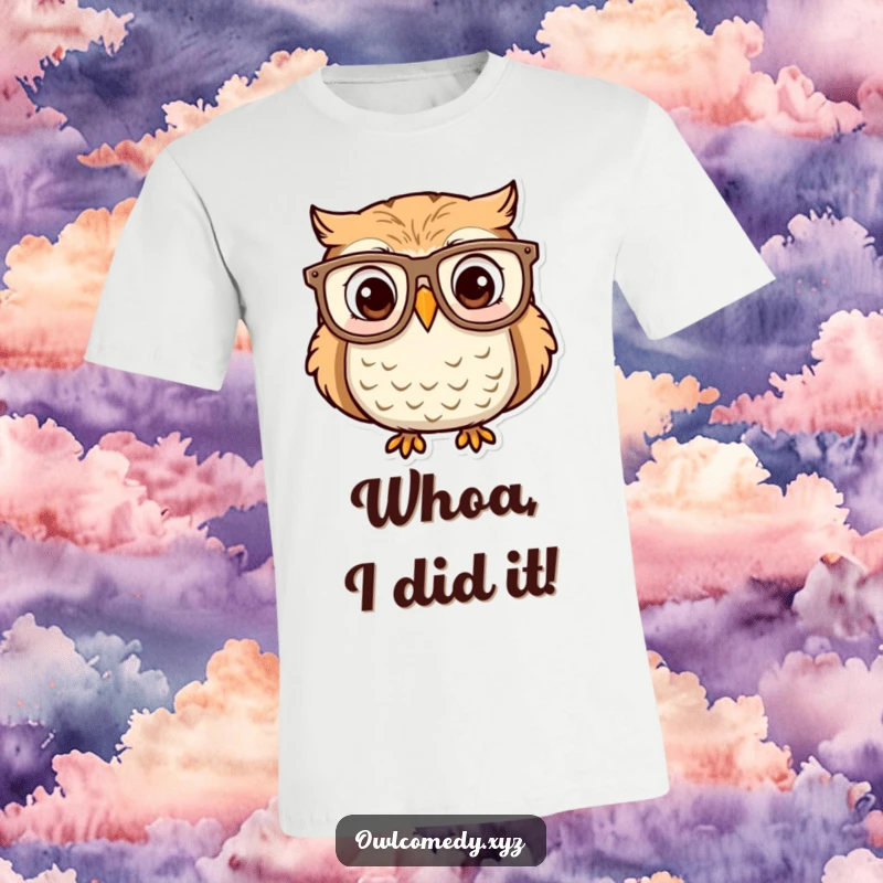Funny graphic t-shirt featuring an owl in oversized glasses, eyes wide with surprise and delight. Comfortable and amusing apparel.