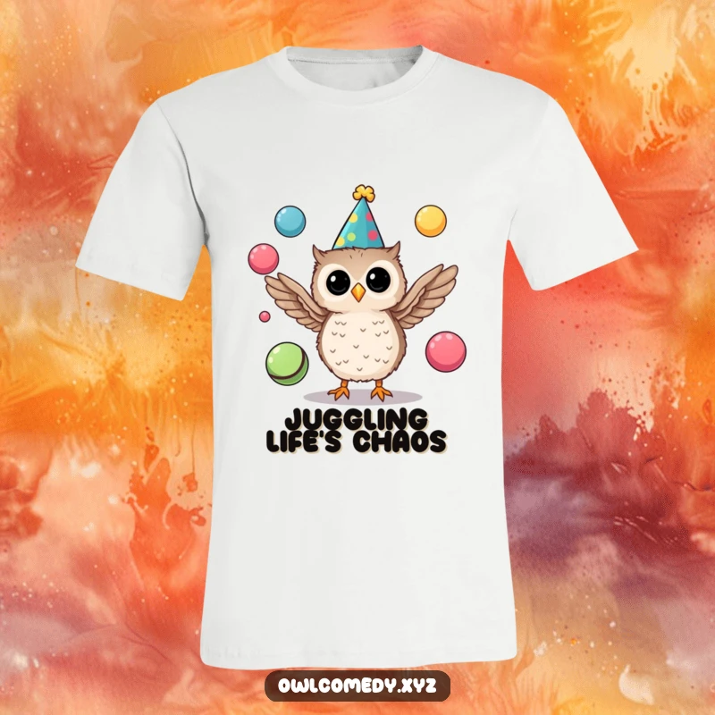 Funny t-shirt featuring a charming tiny owl sporting a party hat and enthusiastically juggling colorful balls with its wings.