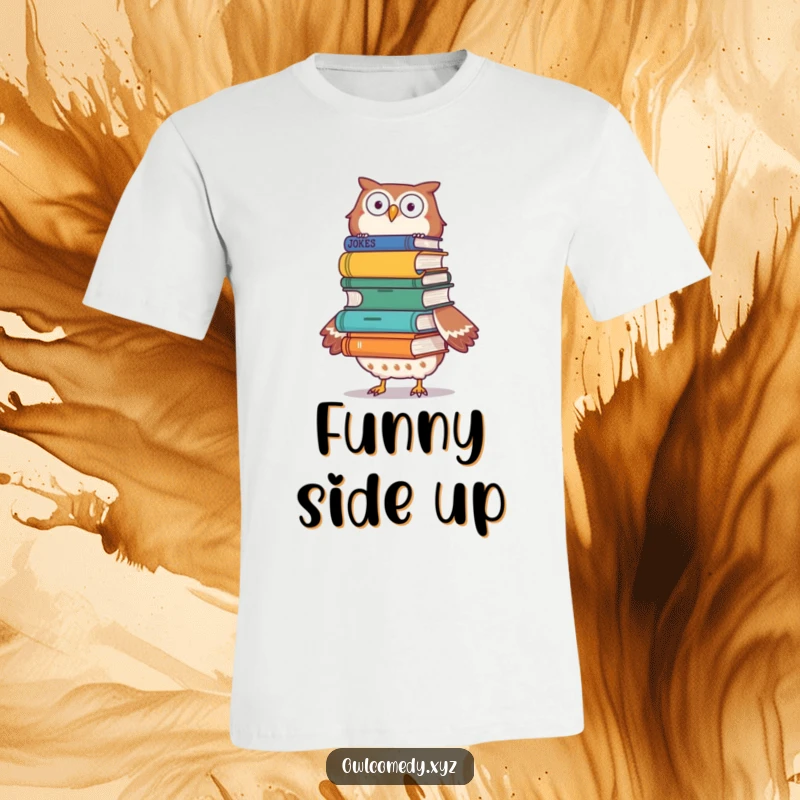 Funny owl balancing joke books on its head graphic on a t-shirt, conveying the weight of humor, witty apparel.