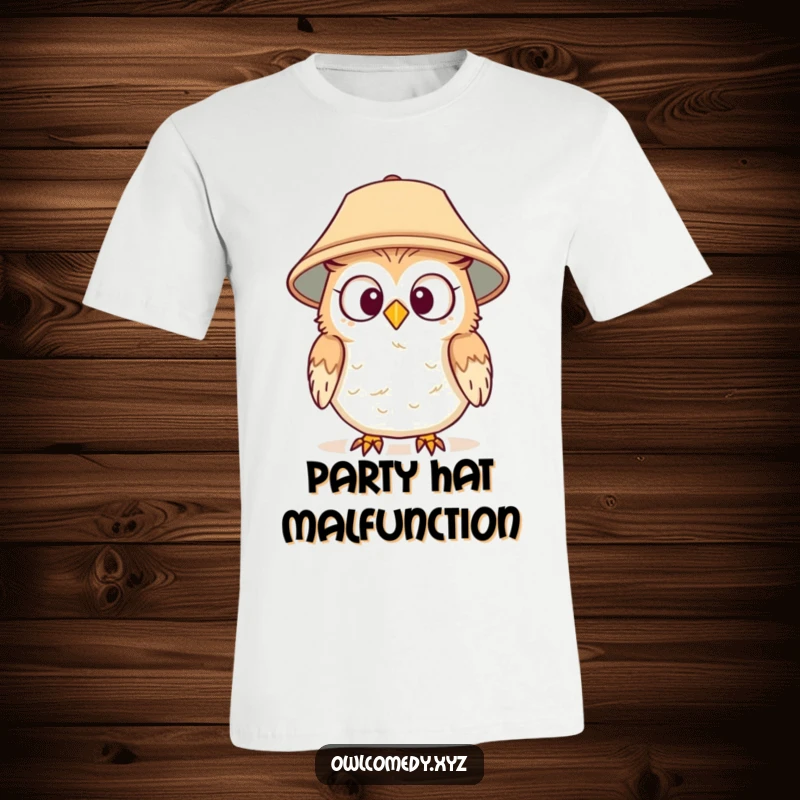 Funny t-shirt featuring a surprised owl wearing a lampshade as a hat, looking around with wide eyes, celebrating party antics.