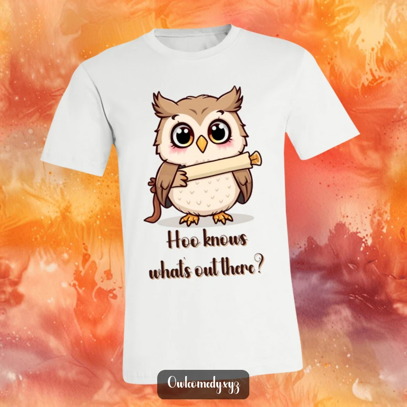 Funny surprised owl using a scroll telescope graphic on a t-shirt, eyes wide with discovery, witty apparel.