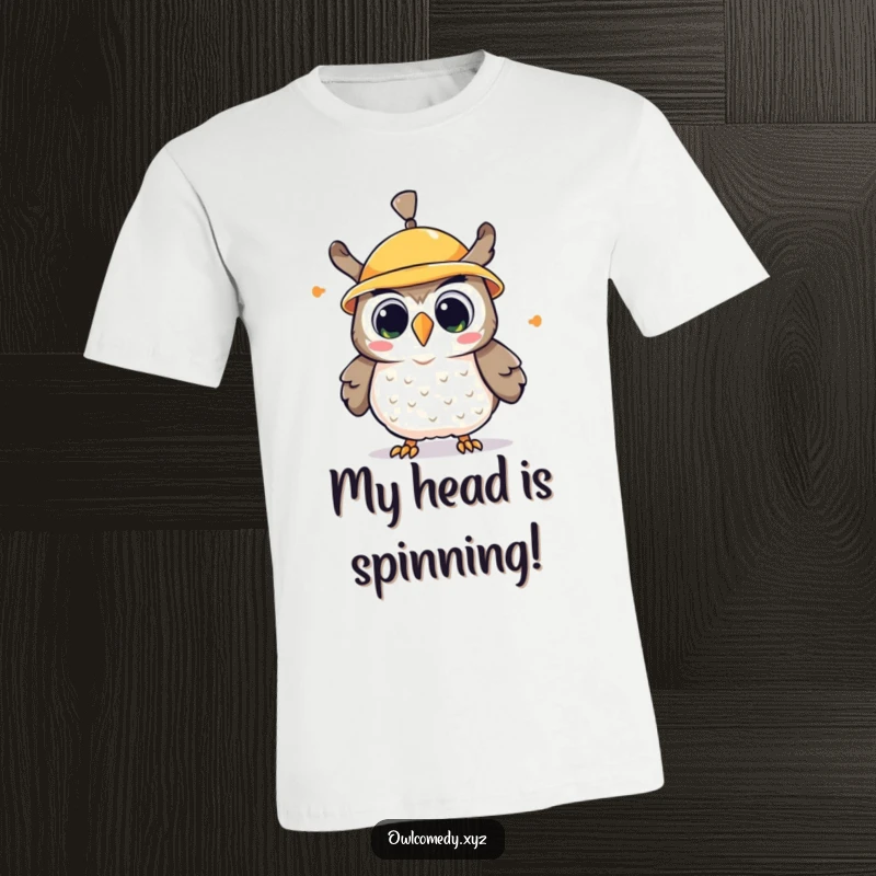 Funny kawaii owl t-shirt, an owl with a propeller hat spinning wildly, expressing pure surprise and delight.