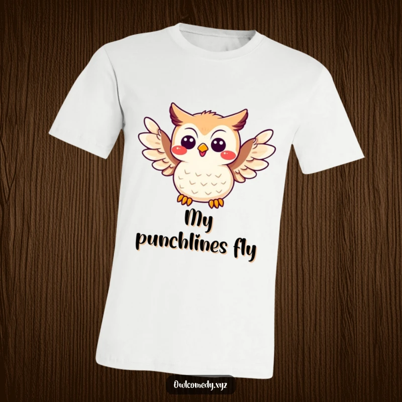 Funny Joke Owl T-Shirt: A wide-eyed owl with wings spread telling a joke, perfect for casual wear.