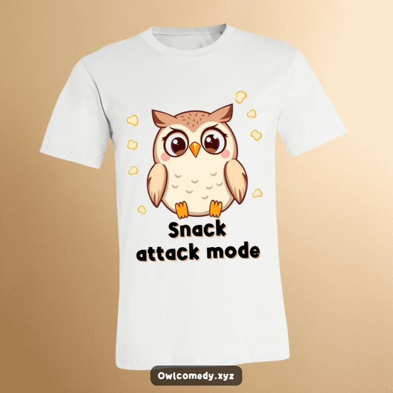 Funny Kawaii Owl T-Shirt featuring a wide-eyed owl gleefully throwing popcorn, perfect for movie fans.