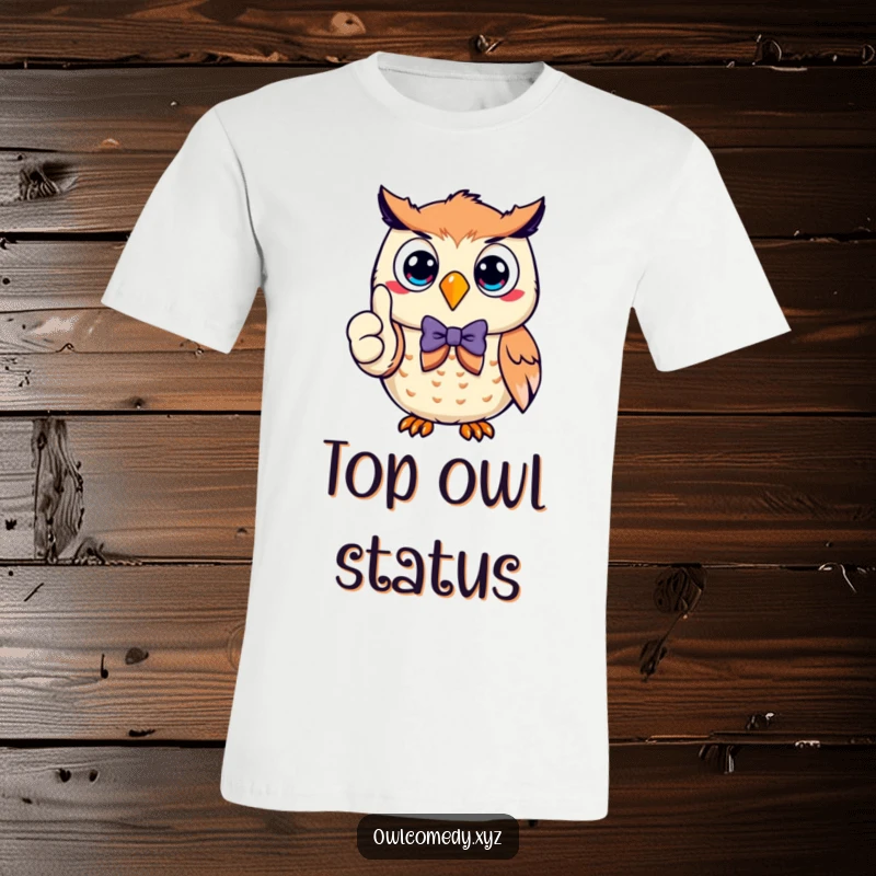 Funny smiling owl in a smart bow tie, giving a confident thumbs up, printed on this hilarious graphic t-shirt.