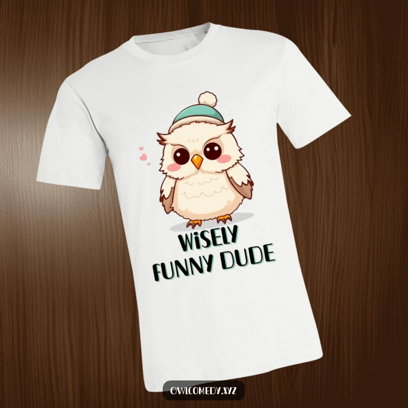 Funny fluffy owl in a small hat, perched and ready to deliver a punchline, printed on this hilarious graphic t-shirt.