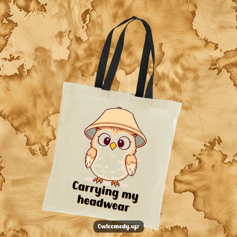 Funny tote bag with a surprised owl wearing a lampshade hat, perfect for carrying essentials with a touch of party humor.