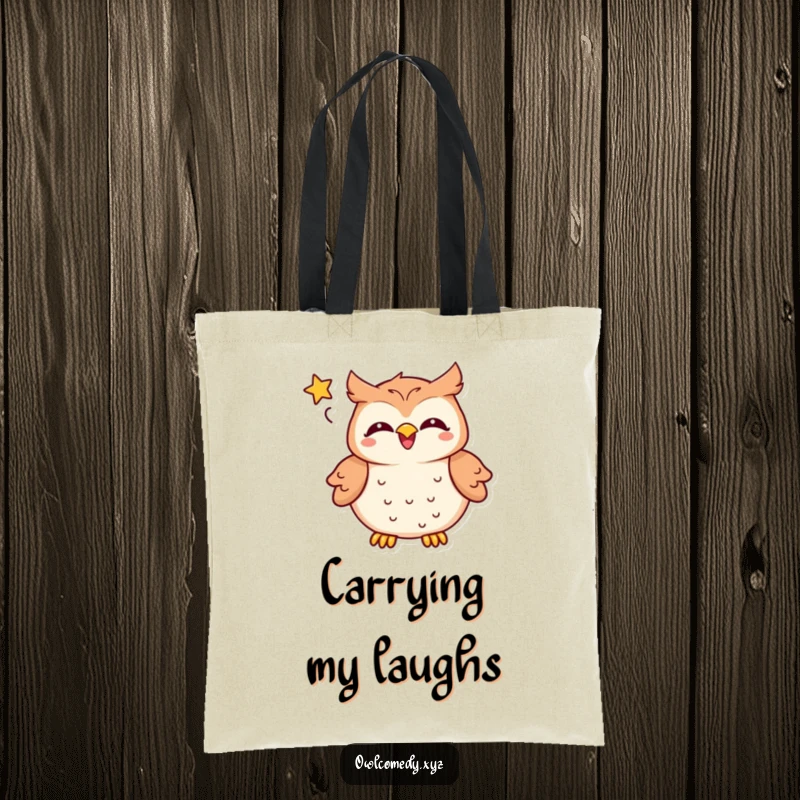 Funny kawaii owl tote bag, a delighted owl laughing heartily, speech bubble with a star, perfect practical funny gift.