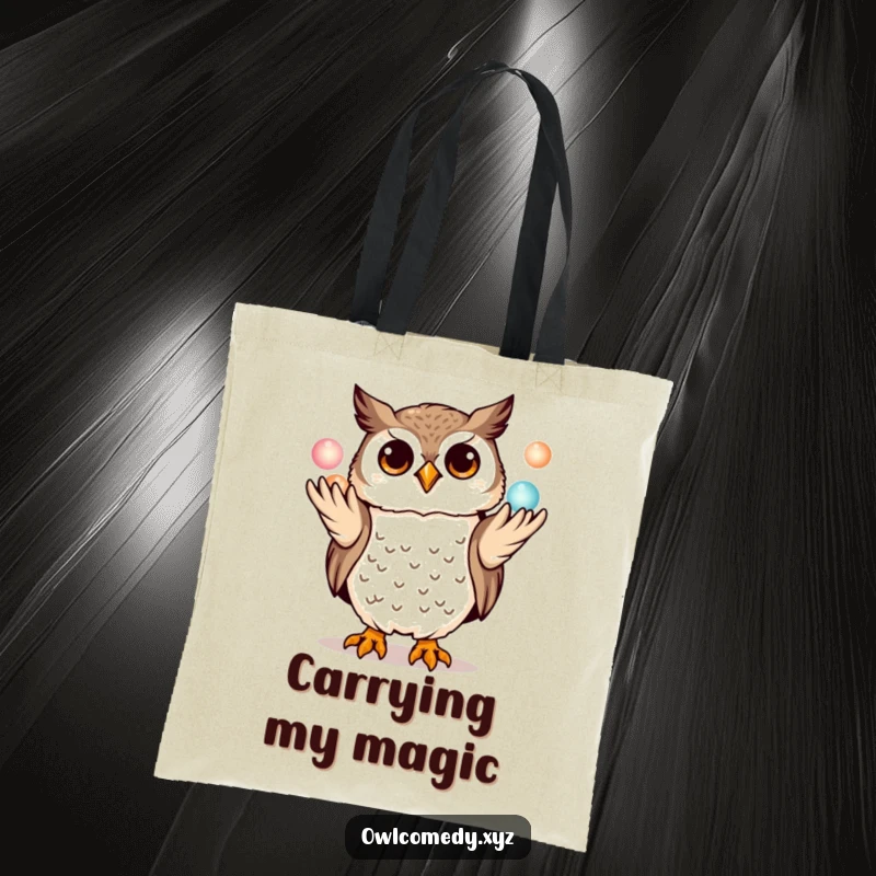 Funny kawaii owl tote bag, playfully juggling three miniature glowing orbs with its talons, a humorous and practical carry-all.