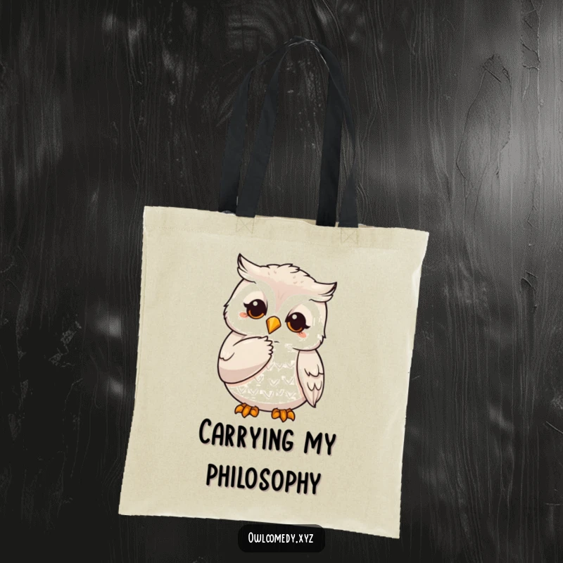 Funny tote bag showcasing a wise owl character thoughtfully stroking its chin with a claw, perfect for carrying essentials.