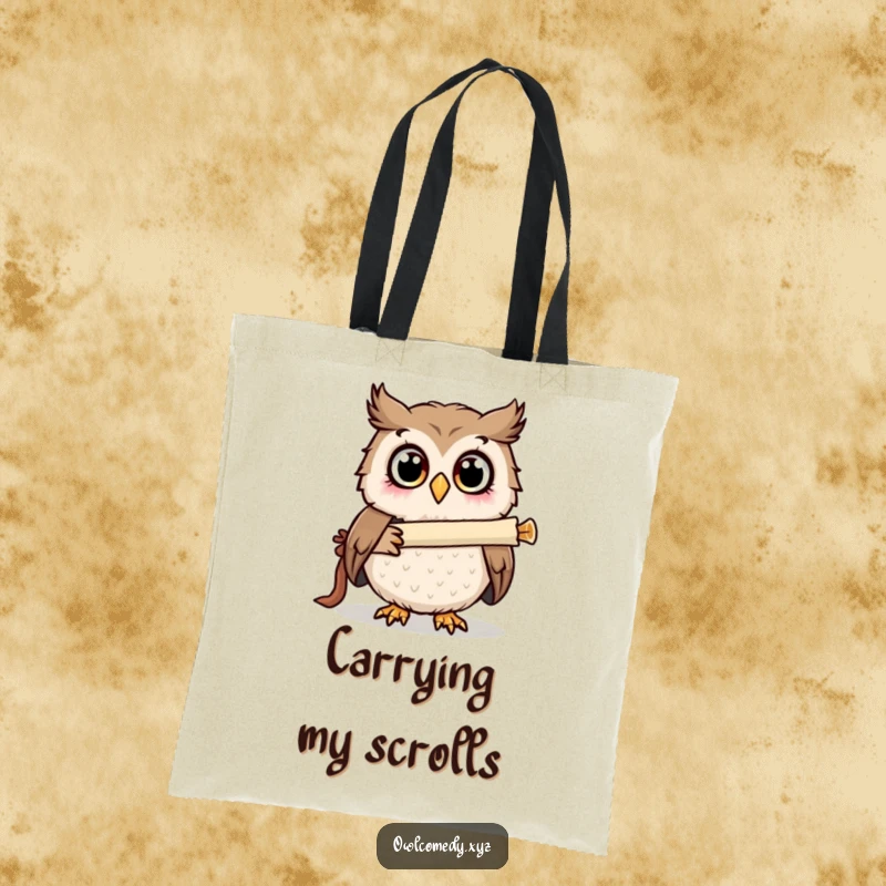 Funny surprised owl using a scroll telescope on a tote bag, eyes wide in discovery, a humorous accessory.