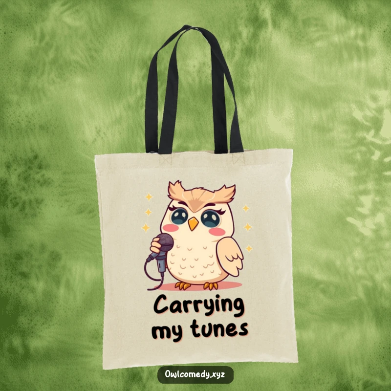 Funny Kawaii owl singing its heart out with a microphone on this practical and humorous tote bag.