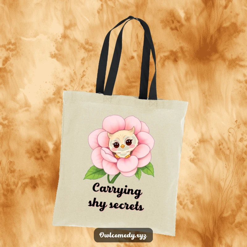 Funny shy kawaii owl tote bag, peeking around a giant flower with a faint blush, a humorous and practical bag.