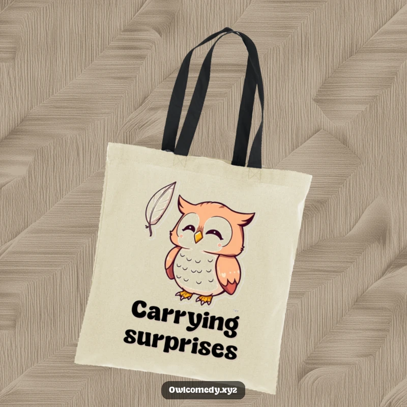 Funny Kawaii owl tote bag, owl surprised by a feather, carrying essentials, curious, whimsical, humorous accessory.