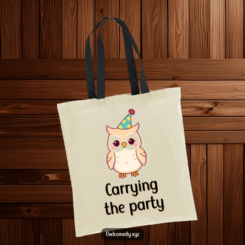 Funny Kawaii owl tote bag, owl wearing party hat, carrying essentials, festive, practical, humorous accessory.
