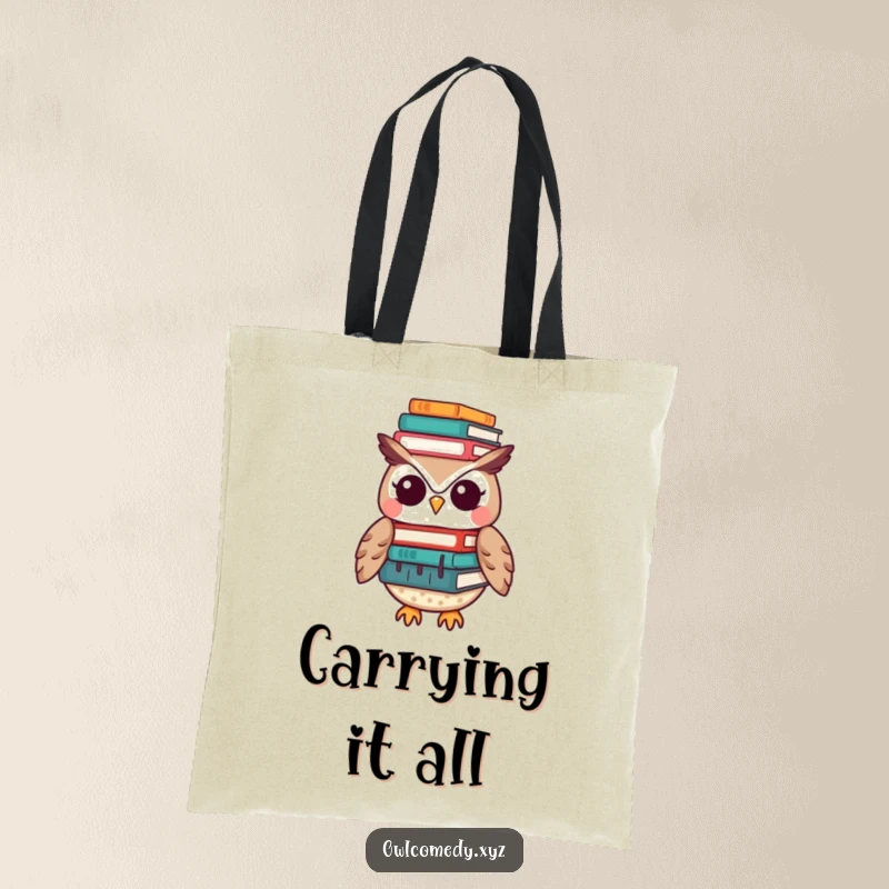 Funny Kawaii owl tote bag featuring a cute owl with a stack of books perched precariously on its head, ready for errands.