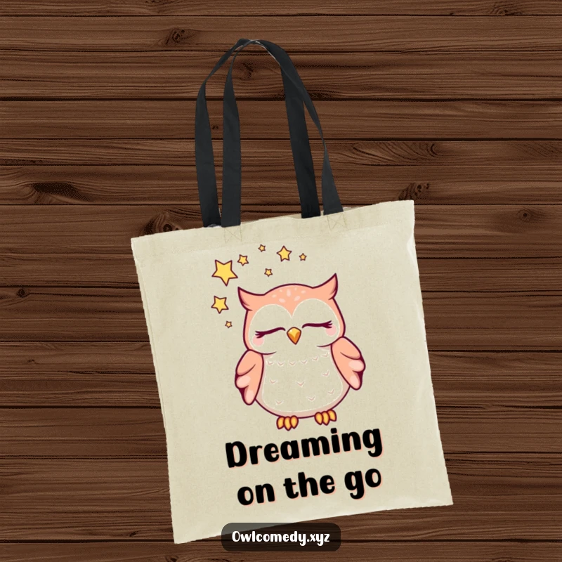 Funny dreaming kawaii owl tote bag, with closed eyes and a swirl of stars above its head, a humorous and practical bag.