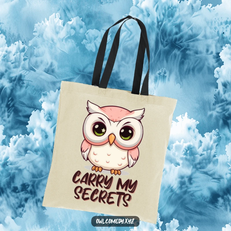 Funny Comedy Mask Owl Tote Bag with a kawaii owl's large, sparkling eye peeking from behind a big comedy mask.
