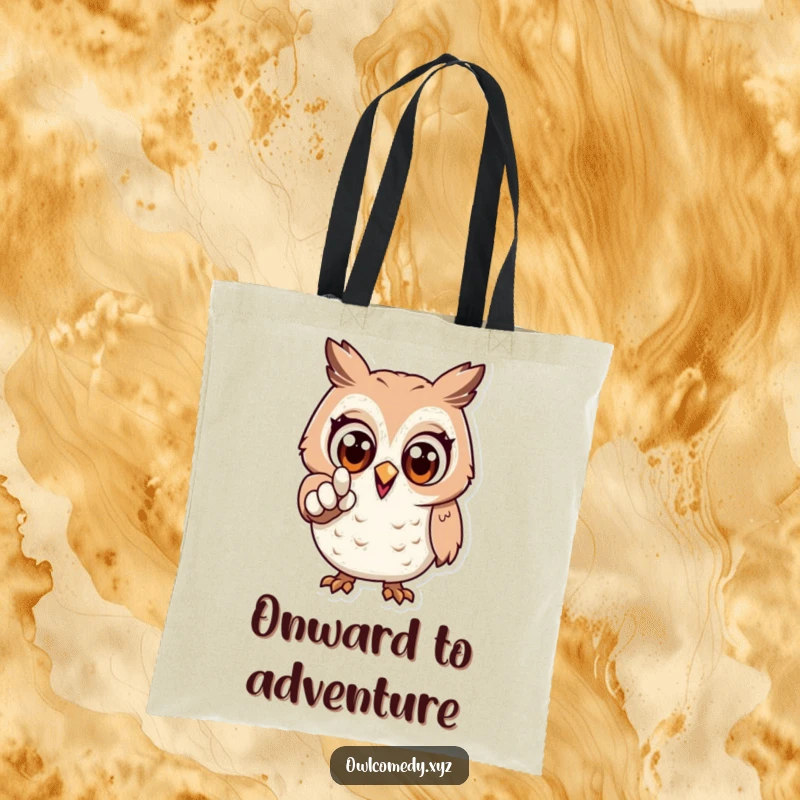Funny tote bag showcasing an excited owl with wide eyes, pointing forward with determination, perfect for carrying daily items.