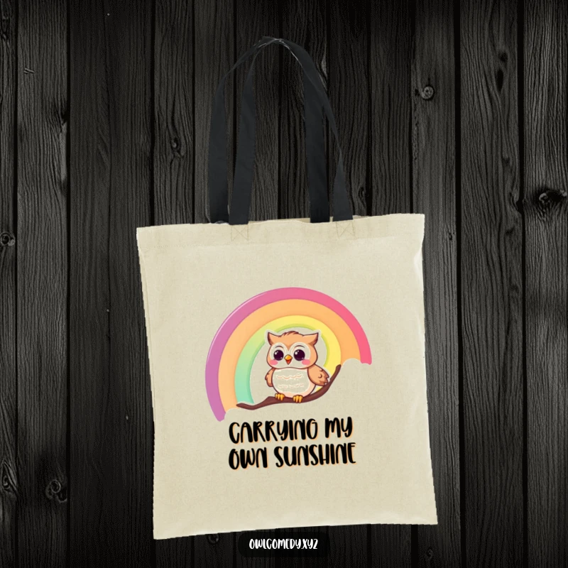 Funny tote bag illustration of a giggling owl sliding down a colorful rainbow, perfect for carrying groceries or books.