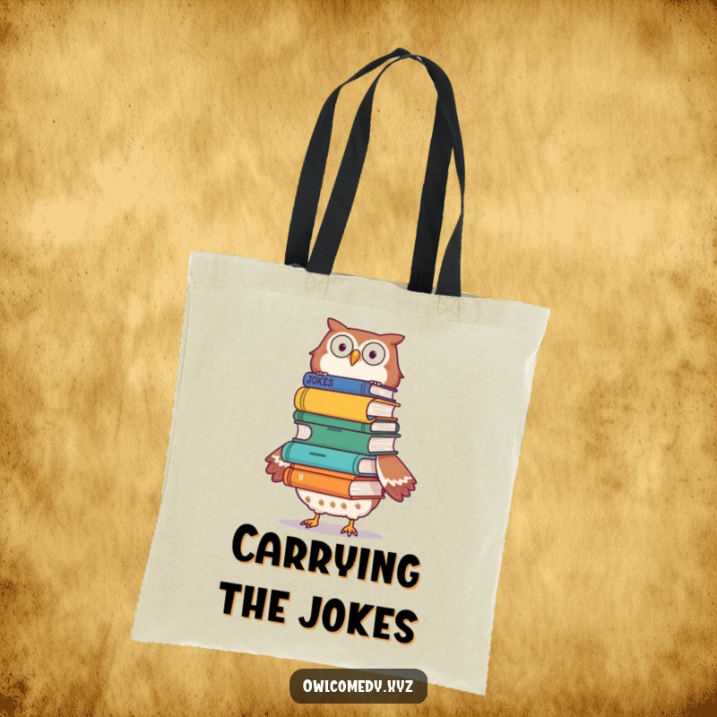 Funny owl balancing joke books on its head on a tote bag, looking determined, a humorous and practical accessory.
