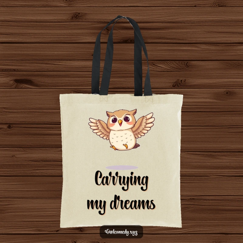 Funny tote bag depicting a small owl enthusiastically flapping its wings mid-jump, a practical and humorous carry-all.