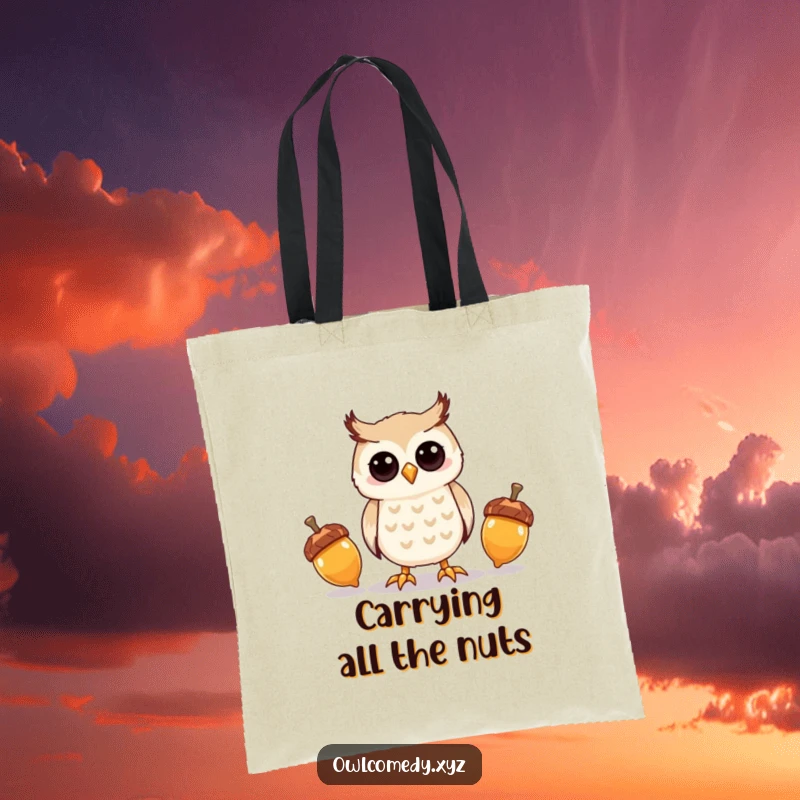 Funny kawaii owl juggling three shiny acorns, on a practical and charming tote bag.