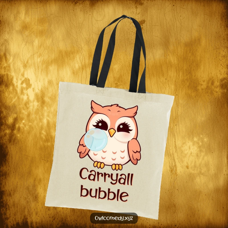 Funny Kawaii owl with puffed cheeks blowing a bubble, printed on a functional and stylish tote bag.