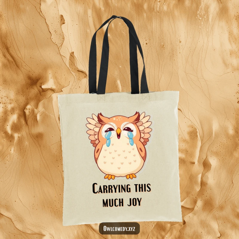 Funny kawaii owl tote bag, showing a plump, teary-eyed owl giggling uncontrollably with wings spread in amusement.