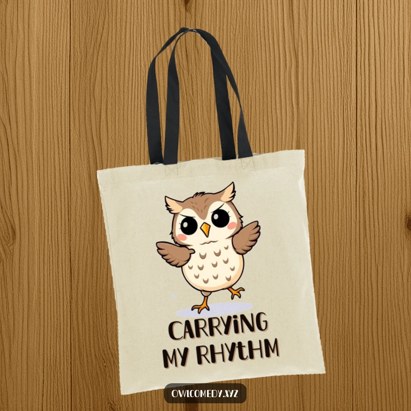 Funny kawaii owl tote bag, depicting an owl in a lively jig with emphasized motion lines for a fun look.