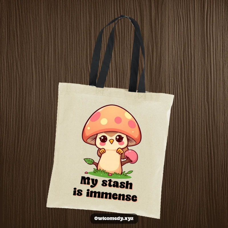 Funny kawaii owl character peeking from behind a large, colorful mushroom, on a durable tote bag.