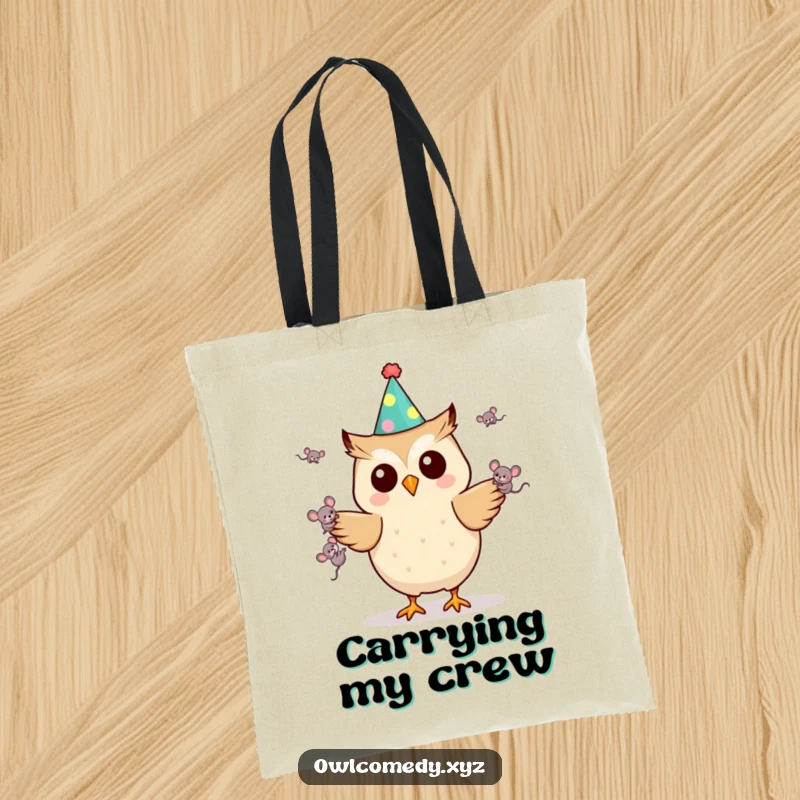 Funny Kawaii owl tote bag wearing a party hat and dynamically juggling tiny mice, a humorous accessory for daily errands, perfect gift.