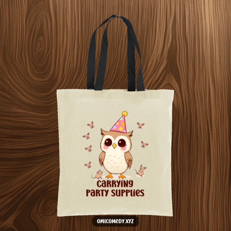 Funny Kawaii Owl Tote Bag with a party hat, juggling tiny mice, a fun accessory for parties.
