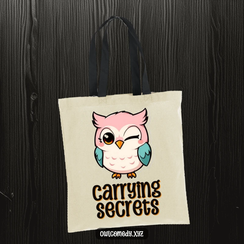 Funny Kawaii owl tote bag, owl winking mischievously, carrying essentials, playful, stylish, humorous accessory.