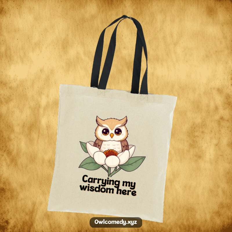 Funny owl tote bag with a curious owl peeking from behind a flower, ideal for carrying groceries or daily items humorously.