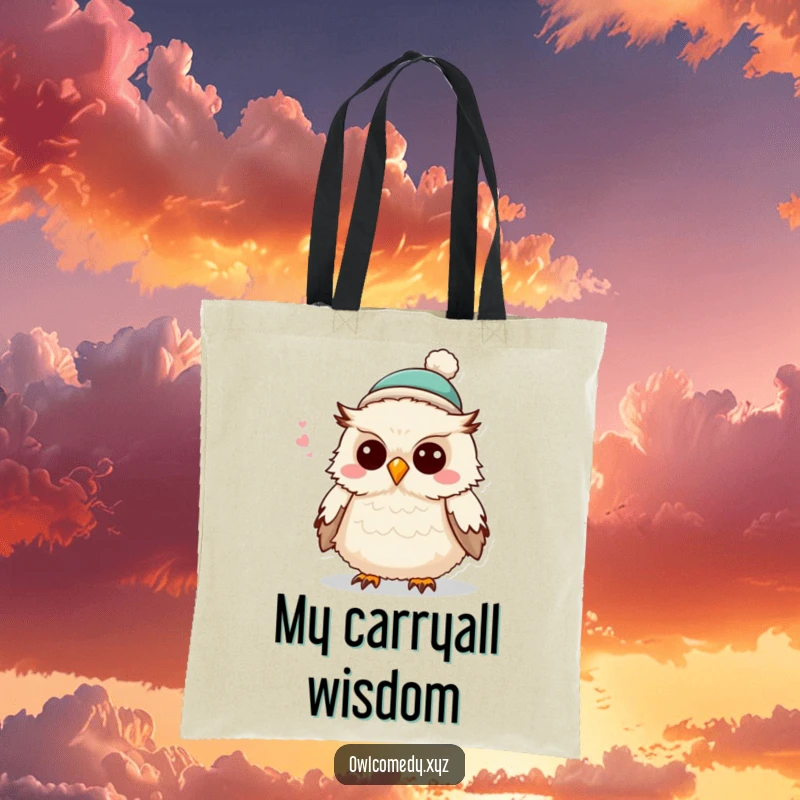 Funny fluffy owl in a small hat, telling a joke, featured on this stylish tote bag for carrying essentials with a smile.