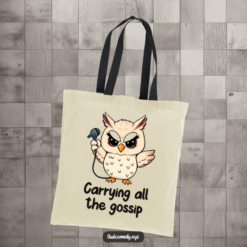 Funny owl tote bag with a winking owl holding a microphone, perfect for performers and music lovers, a fun funny gift.
